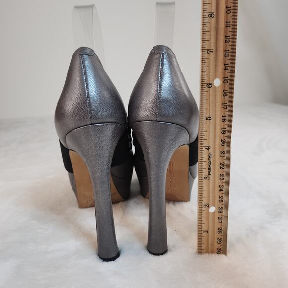 Glam Goth Platform Heels 6.5 Silver Gunmetal Metallic Studded Peep Toe Mary Jane - Picture 8 of 12
